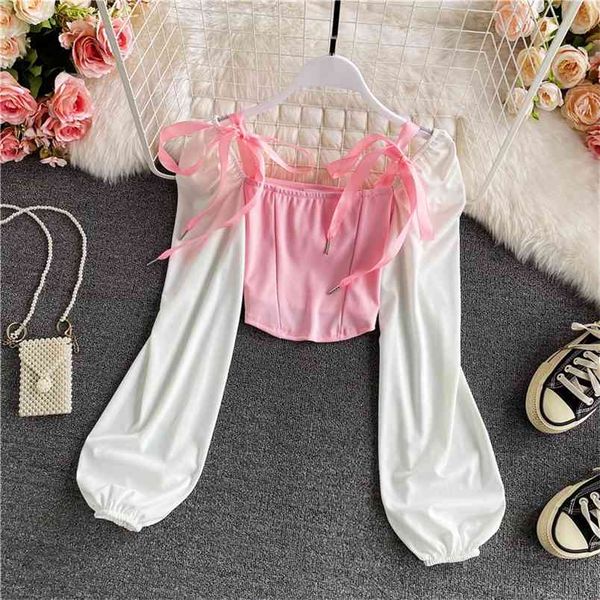 

spring autumn bow tie stitching puff sleeve square neck chiffon shirt women's fashion temperament short belly button uk852 210506, White