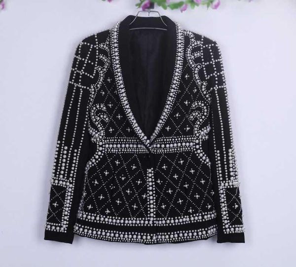 

women's jackets luxury quality high pearls beading fashion women slim fit short coat s219, Black;brown