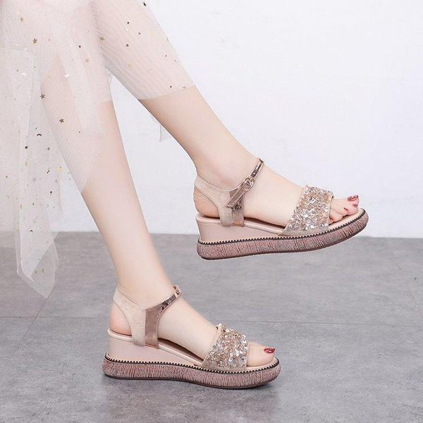 

dress shoes sequined women's summer open-toed sandals female nude heeled wedge heels student youth wild, Black