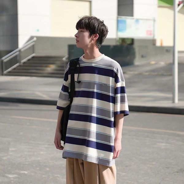 

men's t-shirts summer o neck short sleeve men tshirts japanese sailor thick stripes color hit embroidery print clothing korean woman ov, White;black