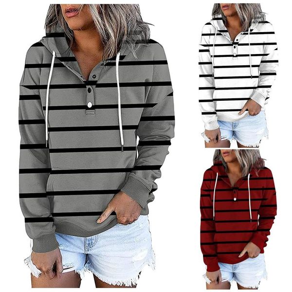 

women's hoodies & sweatshirts fashion women hoodie winter warm long-sleeved sweatshirt casual blouse pullover striped button drawstring, Black