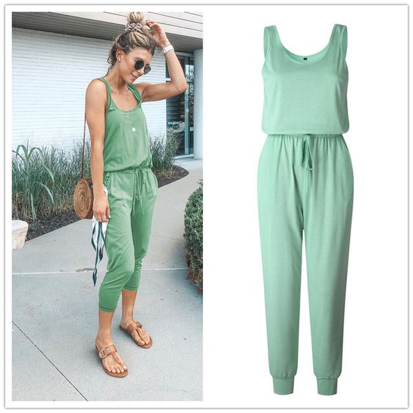 

2021new arrival off shoulder sleeveless lace up belts jumpsuits summer women solid casual pockets long rompers women jumpsuits, Black;white