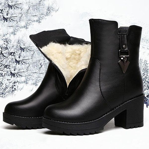 

boots winter 2021 thicken cotton shoes women plush keep warm snow woman square heels pu leather ankle ladies, Black