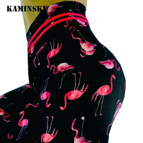 

women's leggings kaminsky fashion print flamingo sportswear push up elastic keep slim sporting workout pants, Black