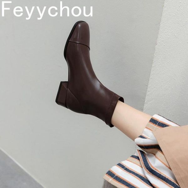 

boots women's spring autumn ankle pu modern med heel square slip on toe 2021 fashion black brown