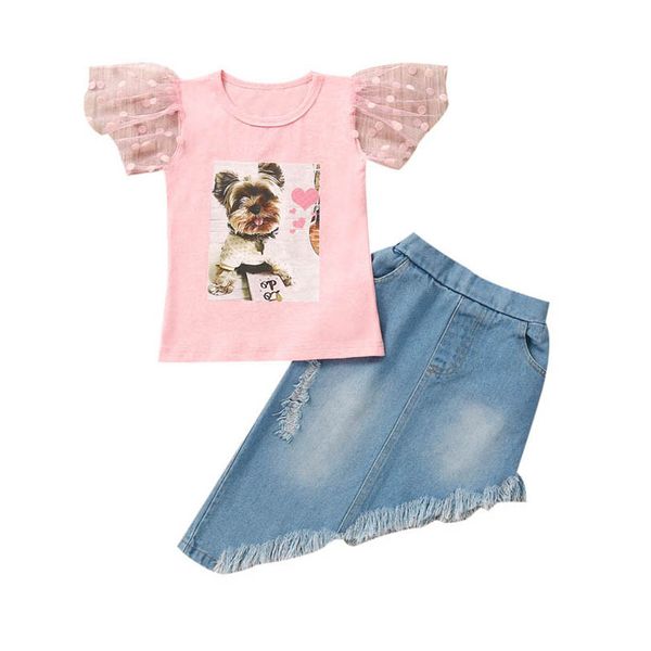 

kids clothing sets girls outfits baby clothes child suit children wear summer cartoon t-shirts denim skirt 2pcs b6748, White