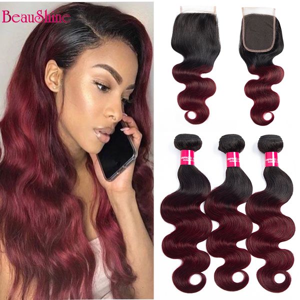 

two tone ombre 1b 99j brazilian human hair body wave with 4x4 closure burgundy ombre lace closure with hair bundles, Black;brown
