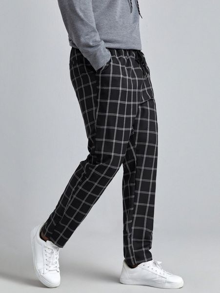 

extended sizes men plaid print drawstring waist pants s9wb#, Black