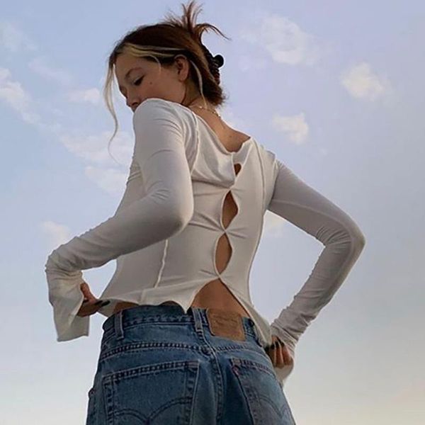 

women's t-shirt unaiza 90s aesthetics solid hollow out long sleeve t-shirts vintage streetwear o-neck stitch cropped autumn fashion te, White