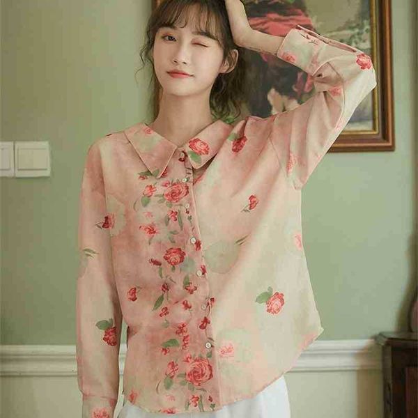 

women's two piece pants peter pan collar pink floral print long sleeve and blouse women button up shirt casual korean fal ufkk, White