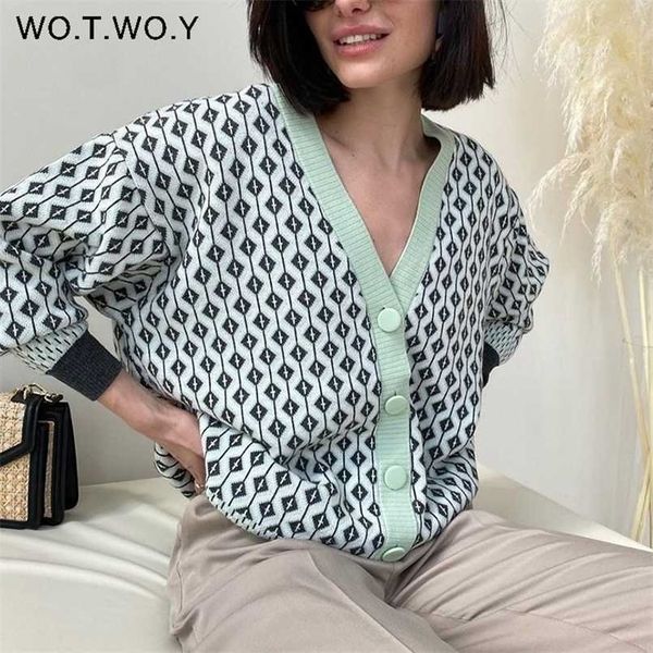 

wotwoy autumn winter jacquard knitted cardigans women single breasted v-neck vintage sweaters female plaid cropped cardigan 211103, White;black