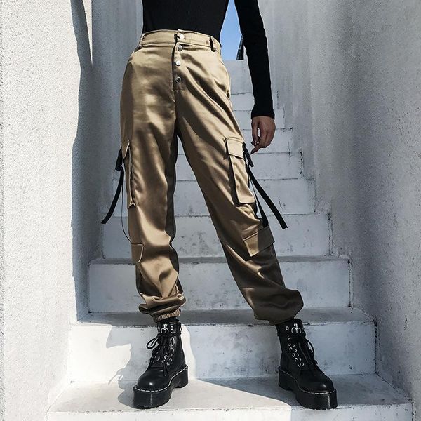

women's pants & capris women cargo fashion 4 button pant 2021 skinny sport trousers high waist pockets vintage sweatpants pantalones p9, Black;white