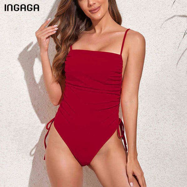 

swimsuit ingaga ribbed one piece swimsuit solid swimwear women strap bodysuit new drawstring bathing suit ruched beachwear, White;black