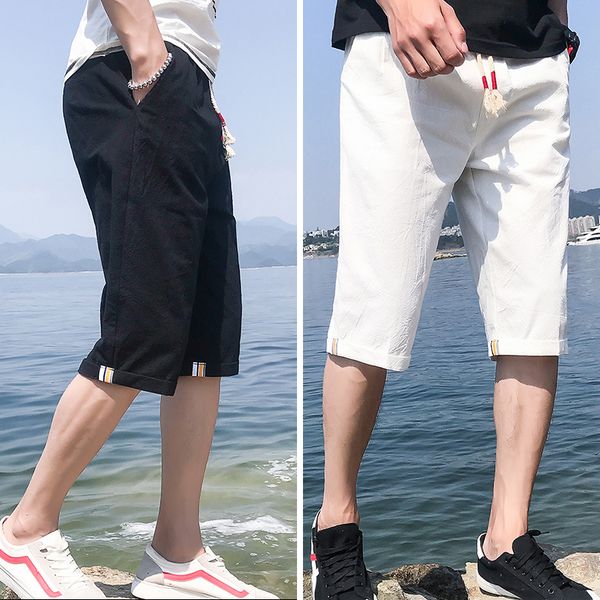 

a 834 the new summer 2021 7 minutes of pants men's casual pants six points five beach shorts thin fashion pants in the summer, Blue