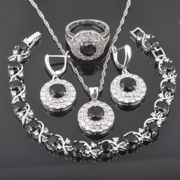 

earrings & necklace wedding jewelry black zirconia silver color sets for women costume bracelet ring russian style qs0270