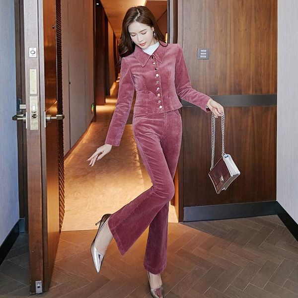 

women's two piece pants retro corduroy suits female spring autumn pink blue jacket + slim micro-flare pieces sets ladies, White