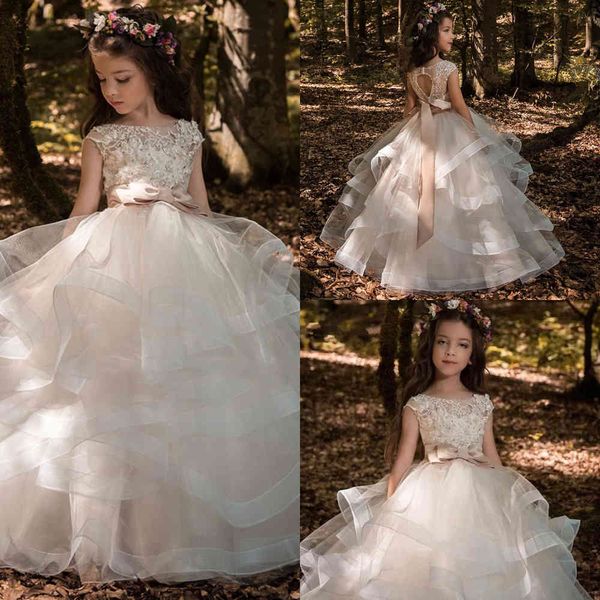 

new flower girl dress elegant champagne lace appliquÃ© sleeveless cascading kids pageant gowns for weddings first communion dres, White;blue
