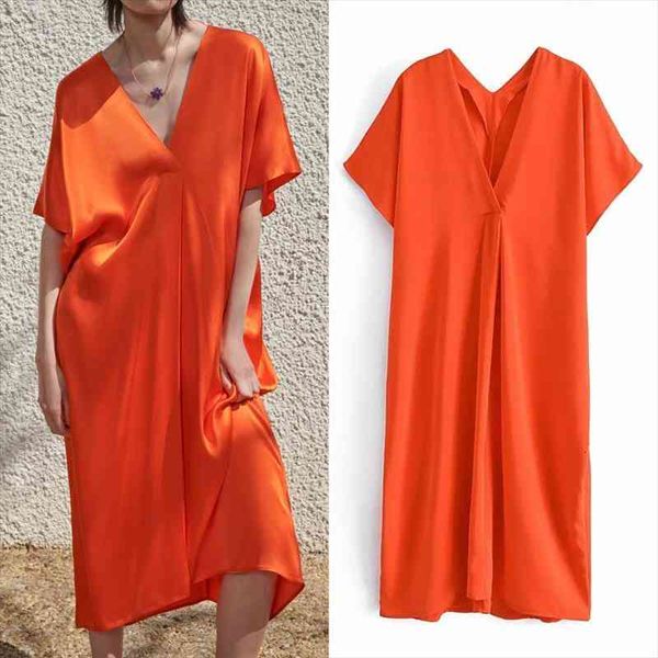 

summer woman dresses za orange satin long dress women short sleeve oversize midi tunic dress ruched casual dresses, Black;gray