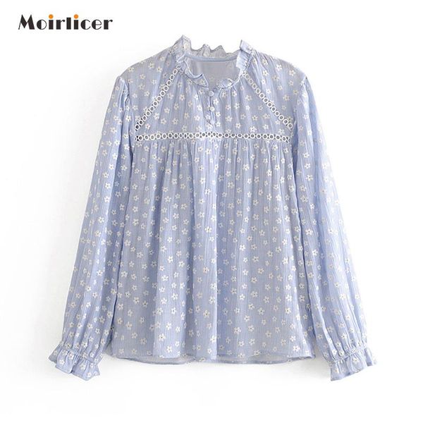 

women chic floral cotton blouses 2021 ruffle long sleeve elegant hollow out shirt loose casual tunic blouse blusa mujer women's & shirt, White