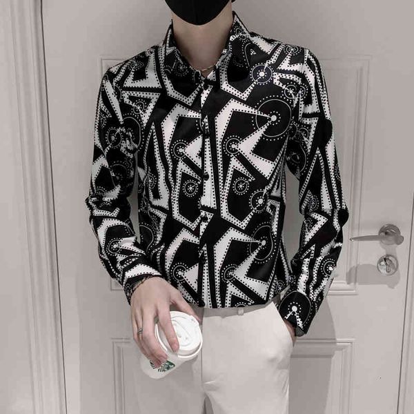 

men's casual shirts luxury printed long sleeve slim social streetwear fashion vintage shirt party nightclub men clothing buuh, White;black