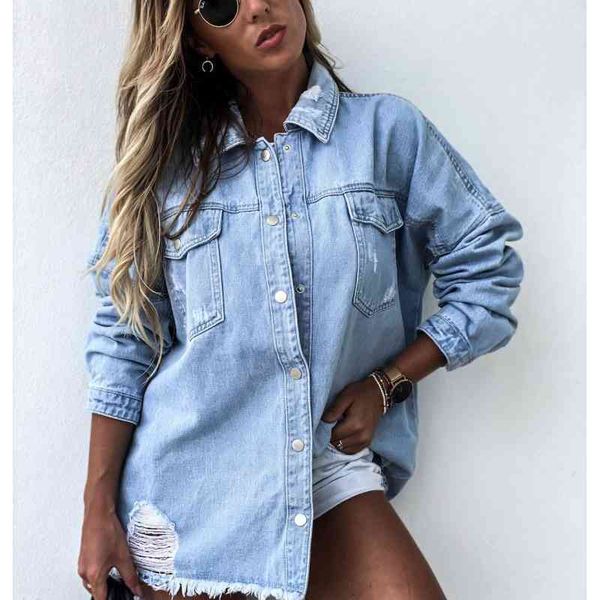 

70% off outlet online fall women's long sleeve denim shirt fashion ripped mid-length jeans boyfriend loose s s-xl drop ship, White