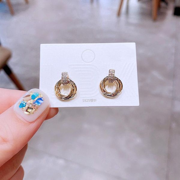

stud trendy design metal circles round earrings for women gold color plated cubic zircon fashion jewelry, Golden;silver