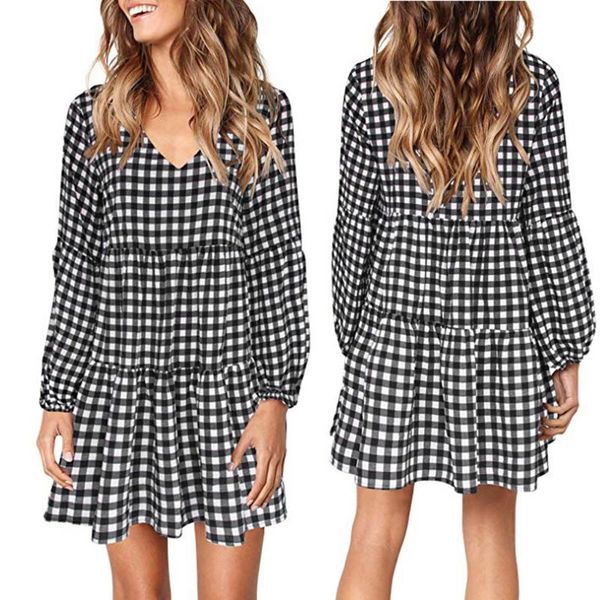 

casual dresses women fashion lattice lantern long sleeve v-neck draped flowy swing shift dress brief robe, Black;gray