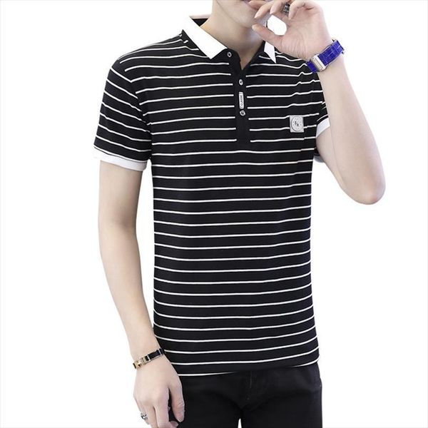

striped shirt summer cotton men polos turn down collar breathable anti wrinkle business tee hombre plus size m 5xl, White;black