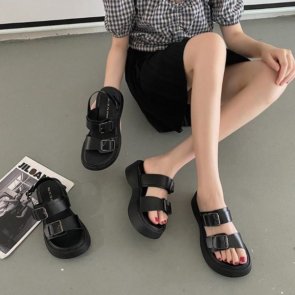 

sandals roman shoes women's summer 2021 belt buckle thick bottom fashion simple casual daily, Black