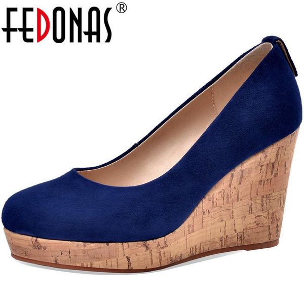 

dress shoes fedonas kid suede leather cocise women shallow wedged platforms high heels pumps classic wedding summer woman, Black