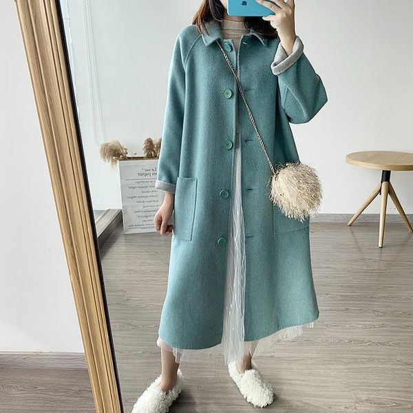 

women's wool & blends double sided cashmere long coat autumn and winter 2021 doll collar thickened tweed loose sweet high-end, Black