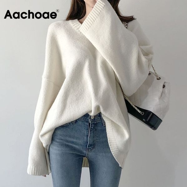 

aachoae chic v neck loose sweater women batwing long sleeve elegant pullover jumper solid casual knitted pull femme 210413, White;black