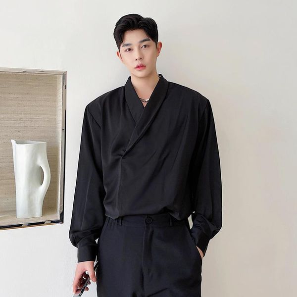 

men's casual shirts early autumn light ripe wind loose set head thin style tide male french day department long sleeve shirt, White;black