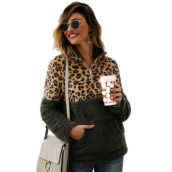 

women's hoodies & sweatshirts autumn warm zipper leopard print thick fleece comfortable patchwork kangaroo pocket sweatshirt casual pul, Black