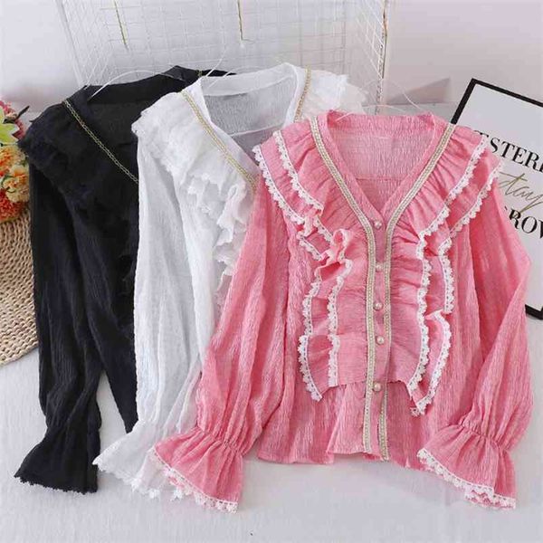 

french style small incense wind long-sleeved shirt korean retro lace ruffled design niche autumn gx1133 210507, White