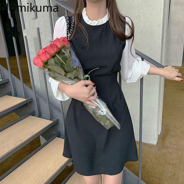 

nomikuma korean style o neck long sleeve mini dress women fake two piece slim waist contrast color a line dresses vestidos 3c886 210514, Black;gray