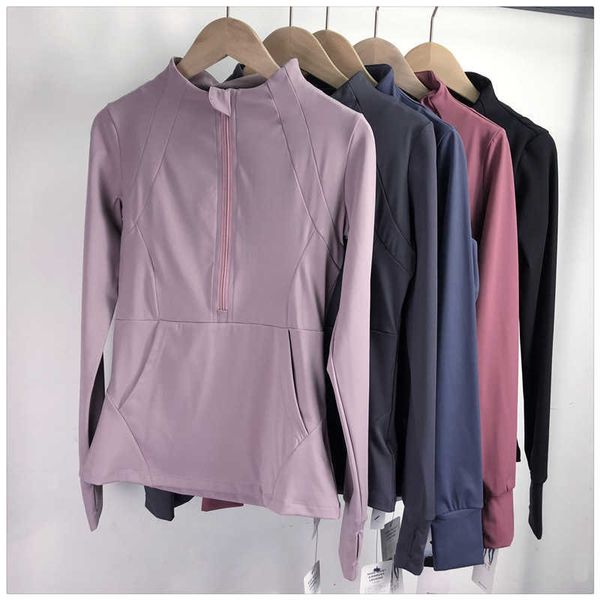 

2021 spring new lulu half zipper yoga jacket long sleeve women's standing collar slim fit running fitness suit, Gray
