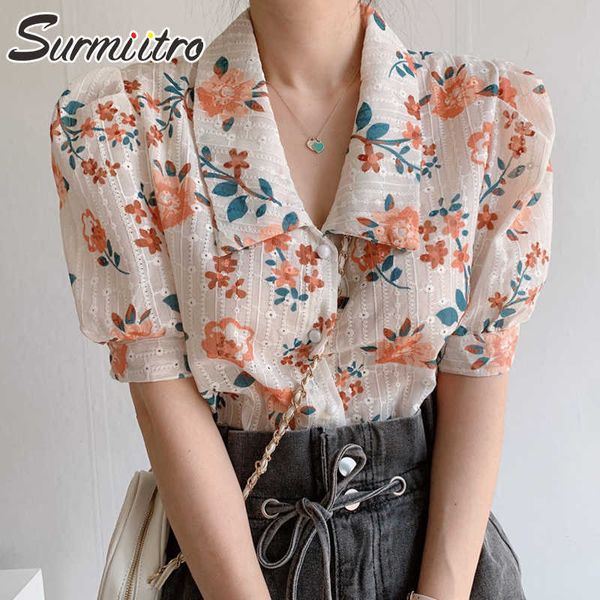 Surmiitro primavera verão camisa de manga curta mulheres estilo coreano amarelo floral oco out chiffon blusa feminina feminina 210712