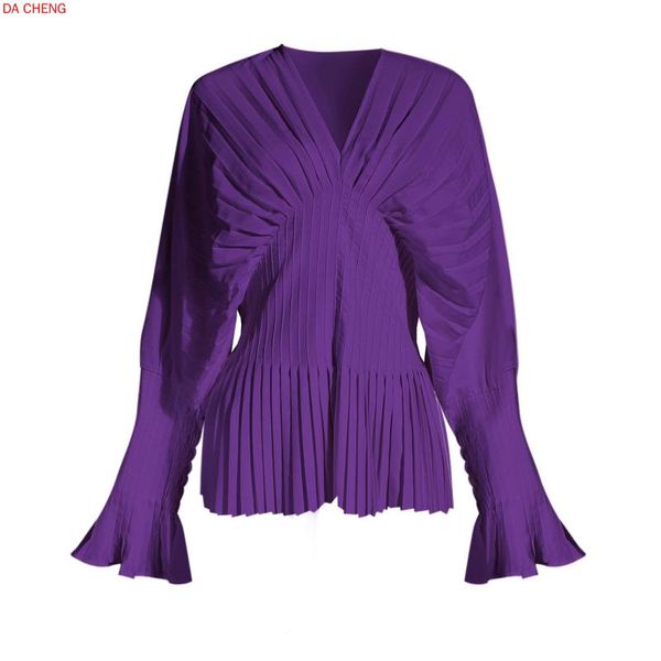 

women's blouses & shirts 2021 pleated waist hugging v-neck printed shirt ins style design bell sleeve long slim women, White