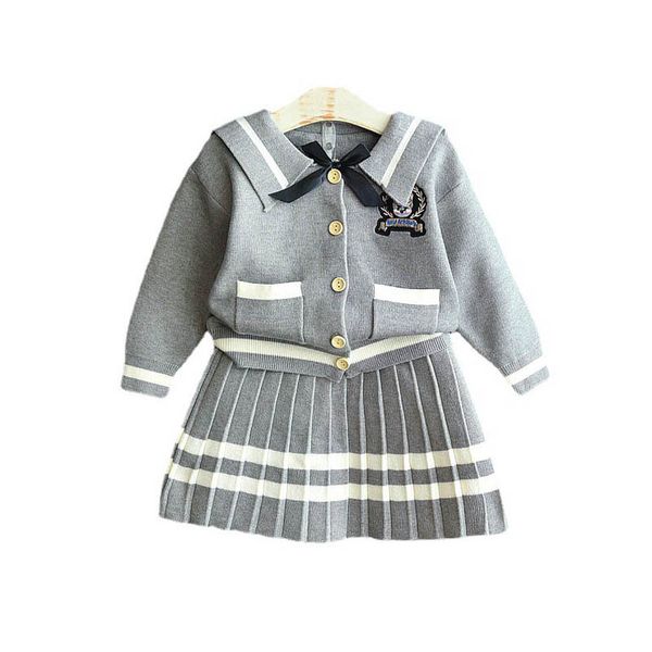 

girls sweater sets kids clothing baby clothes outfits autumn winter knitting patterns cardigan coat pleated skirts children suits 2pcs b8360, Blue