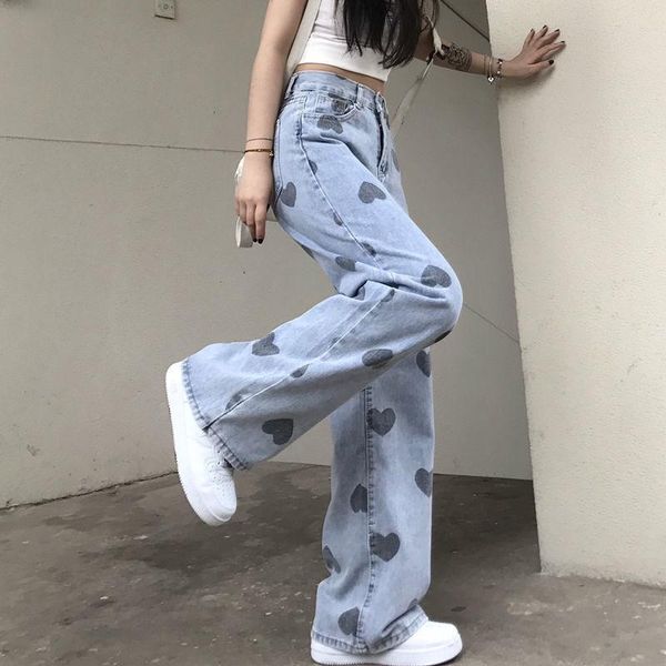 

women's jeans cool funny heart print girls pants fashion trousers harajuku high street denim bagge autumn korean boyfriend femme, Blue