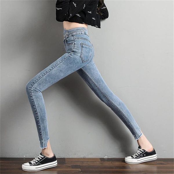 

women's jeans 2021 high waist feet slim thin skinny ankle-length pants, Blue
