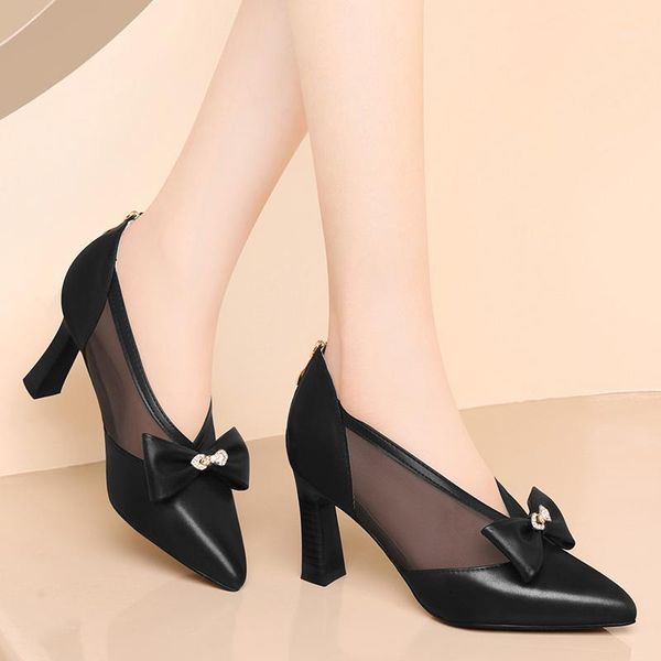 

dress shoes all-match summer black leather thick-heel mesh work women