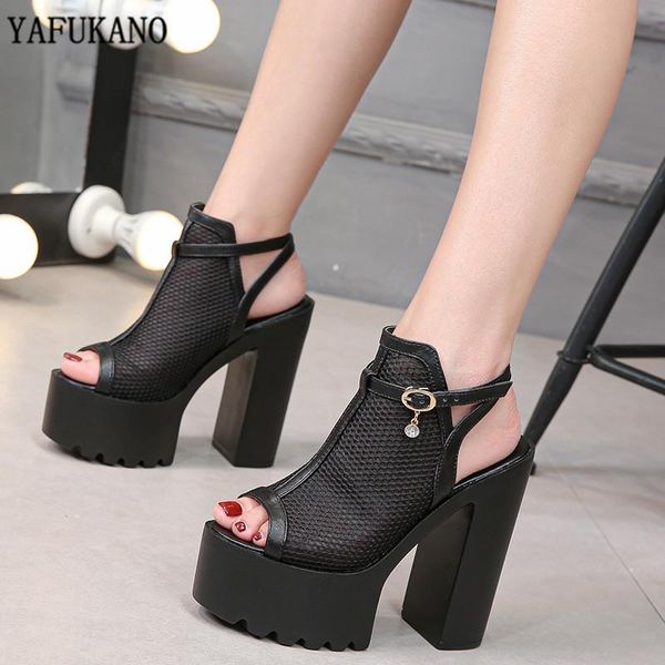 

square heel womens sandals thick-sole mesh fish mouth high heels nightclub catwalk 15cm fashion platform pumps, Black