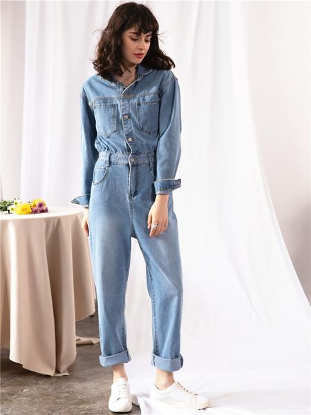 

women's jumpsuits & rompers zcwxm 2021 spring fall woman denim casual fashionable pockets empire pants no belt playsuit sashes, Black;white