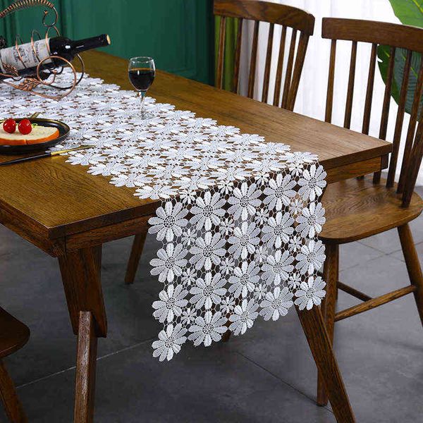Кружевной стол бегун белый цветок ткань -Runner для обеденного кофе свадебные украшения кровать 211117
