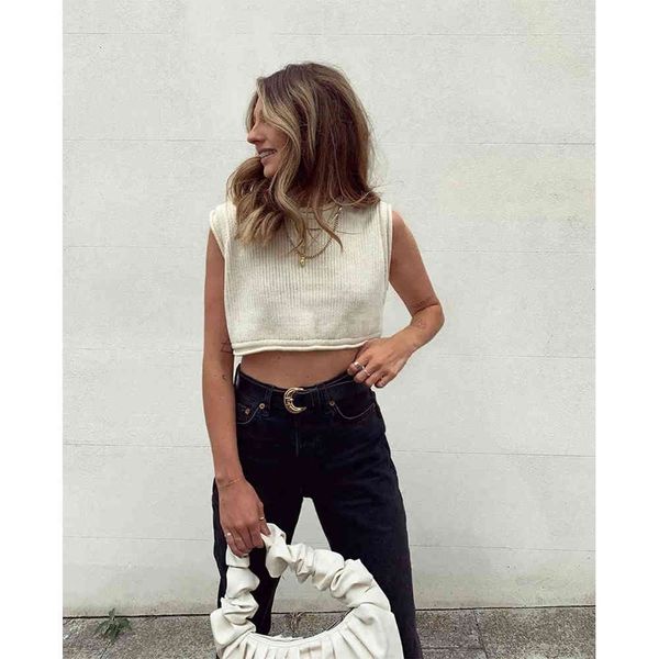 

polo women knit crop sleeveless tank round-neck short pullover fashion casual femme t- shirts ropa mujer, White