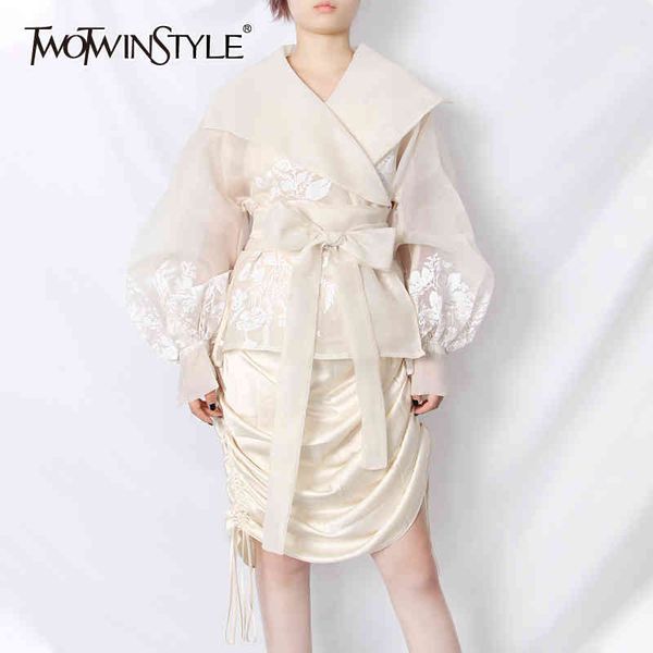 

print embroidery shirt for women lapel lantern sleeve high waist lace up bowknot elegant blouse female 210524, White