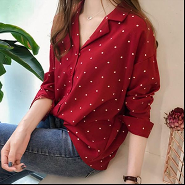 

casual chiffon polka dots womens shirt v neck long sleeves, White
