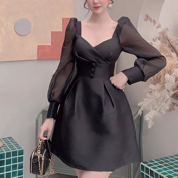 

women black patchwork organza ball gown mini dress v-neck long puff sleeve fashion spring autumn 2f0486 210510, Black;gray